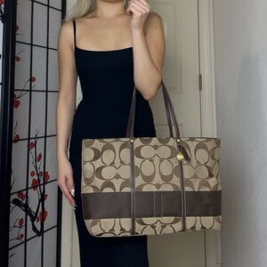 Y2K Dark Brown Khaki Tan Coach Legacy Signature Stripe Large Tote Shoulder Bag